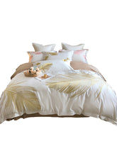 Load image into Gallery viewer, Luxury style feather pattern embroidery long staple cotton 4Pcs bed sheet set Gold/Pink