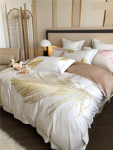 Load image into Gallery viewer, Luxury style feather pattern embroidery long staple cotton 4Pcs bed sheet set Gold/Pink