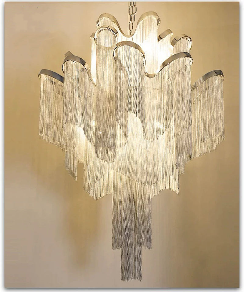 Luxury Italian Silver 3 Layer Cascading Aluminum Tassel Chandelier Light