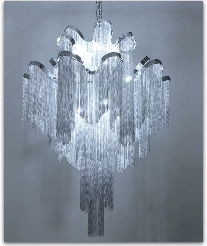 Luxury Italian Silver 3 Layer Cascading Aluminum Tassel Chandelier Light