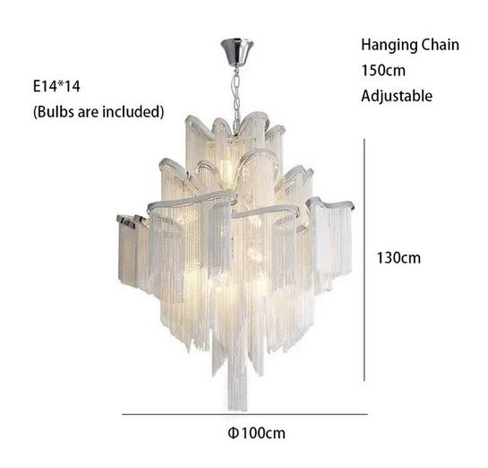 Luxury Italian Silver 3 Layer Cascading Aluminum Tassel Chandelier Light