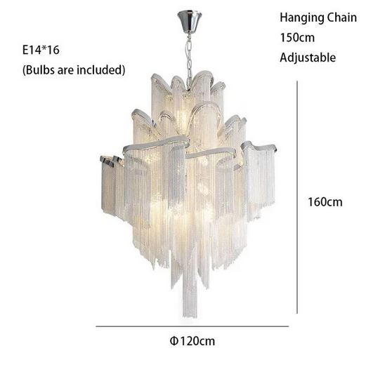 Luxury Italian Silver 3 Layer Cascading Aluminum Tassel Chandelier Light