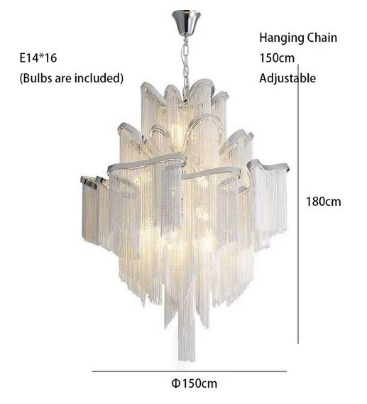 Luxury Italian Silver 3 Layer Cascading Aluminum Tassel Chandelier Light