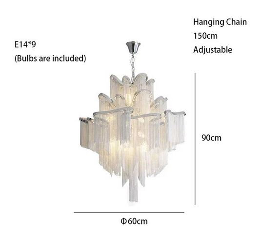 Luxury Italian Silver 3 Layer Cascading Aluminum Tassel Chandelier Light