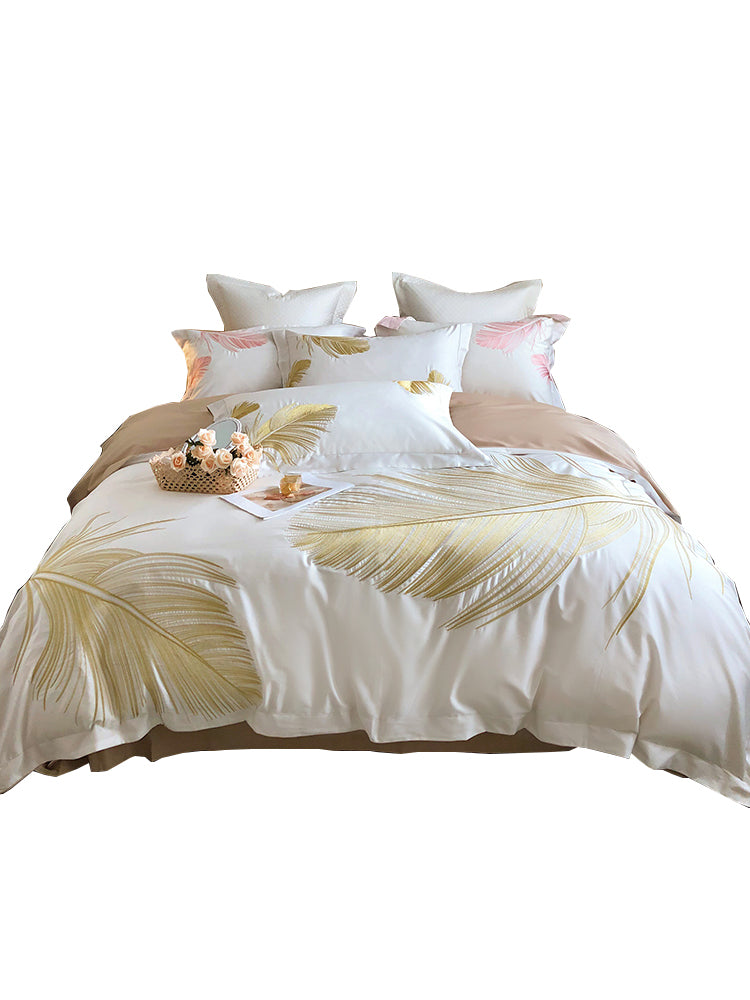 Light luxury style feather pattern embroidery long staple cotton 4Pcs bed sheet set Gold/Pink