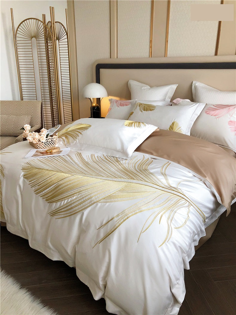 Light luxury style feather pattern embroidery long staple cotton 4Pcs bed sheet set Gold/Pink