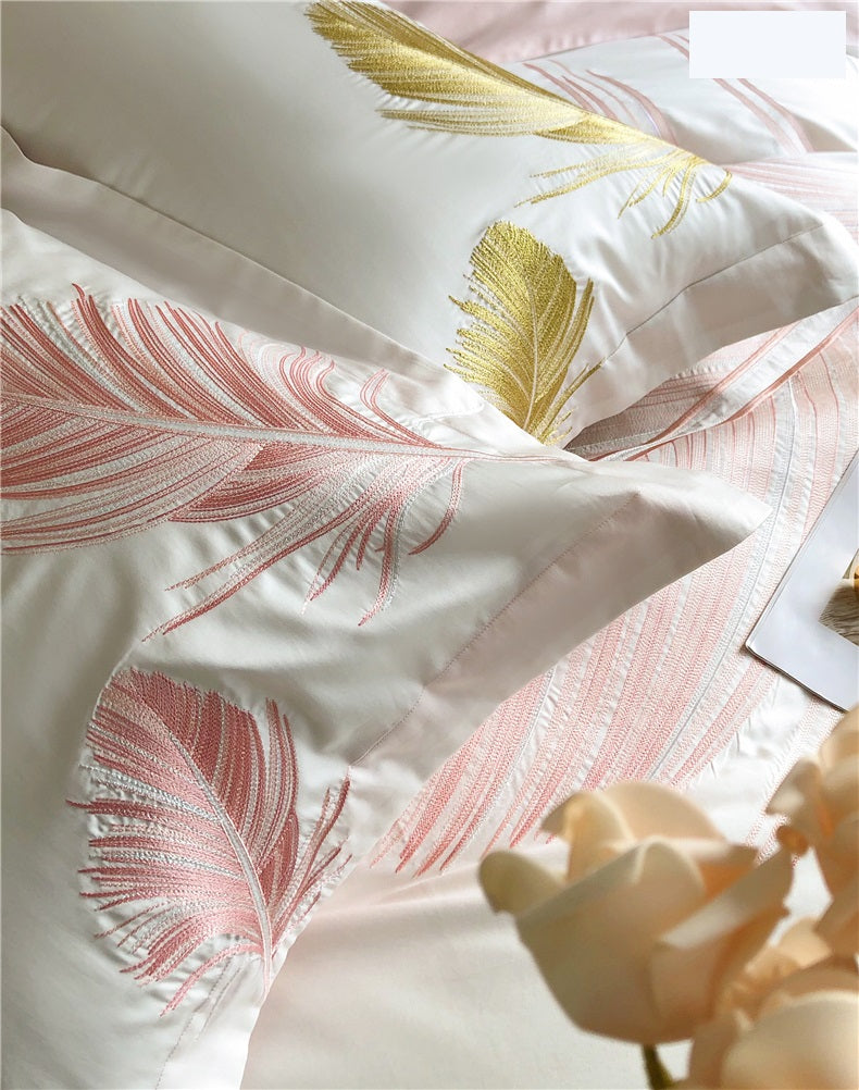 Light luxury style feather pattern embroidery long staple cotton 4Pcs bed sheet set Gold/Pink