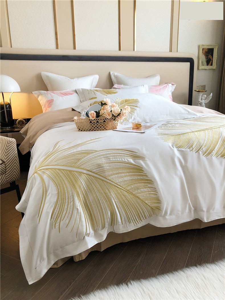 Light luxury style feather pattern embroidery long staple cotton 4Pcs bed sheet set Gold/Pink