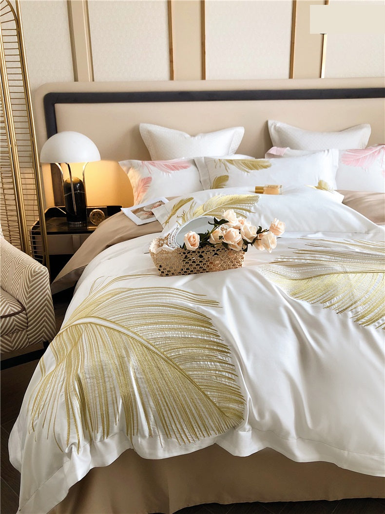 Light luxury style feather pattern embroidery long staple cotton 4Pcs bed sheet set Gold/Pink