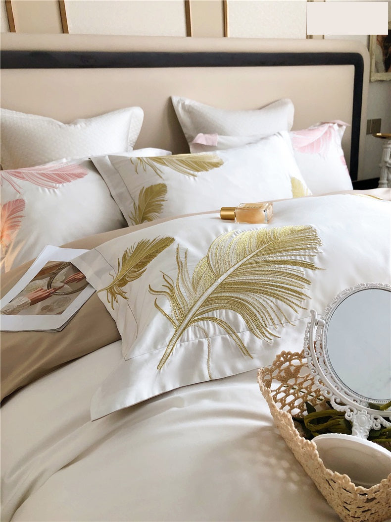 Light luxury style feather pattern embroidery long staple cotton 4Pcs bed sheet set Gold/Pink