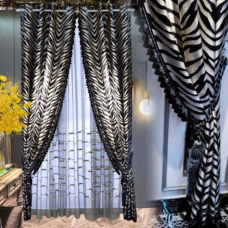 Modern Black and White Zebra Texture Blackout Velvet Curtain  with sheer back