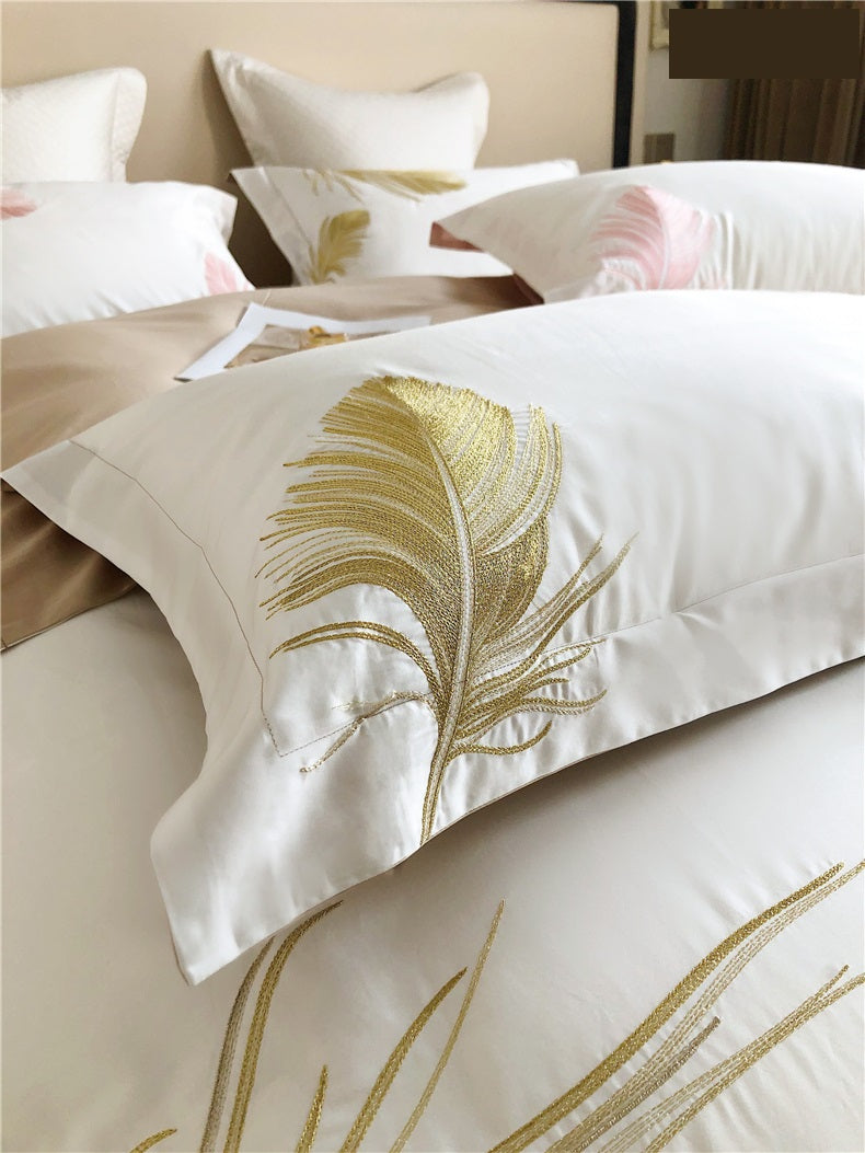 Light luxury style feather pattern embroidery long staple cotton 4Pcs bed sheet set Gold/Pink