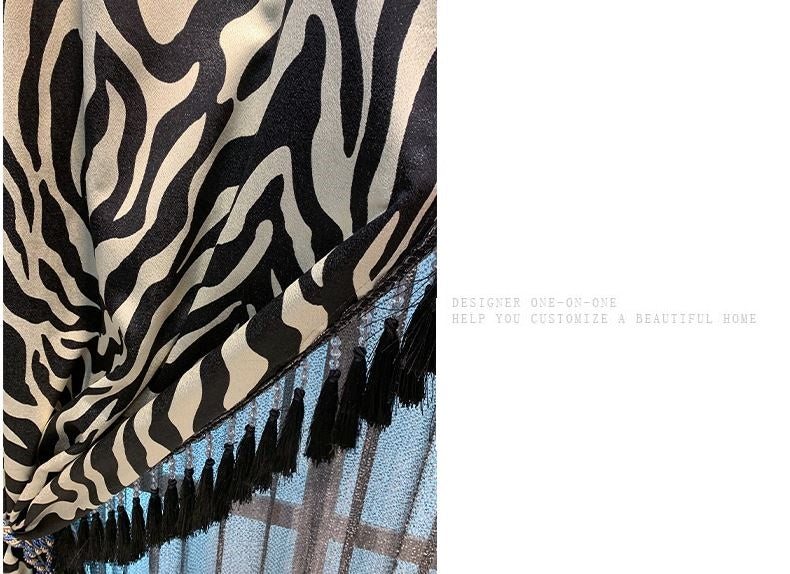 Modern Black and White Zebra Texture Blackout Velvet Curtain  with sheer back