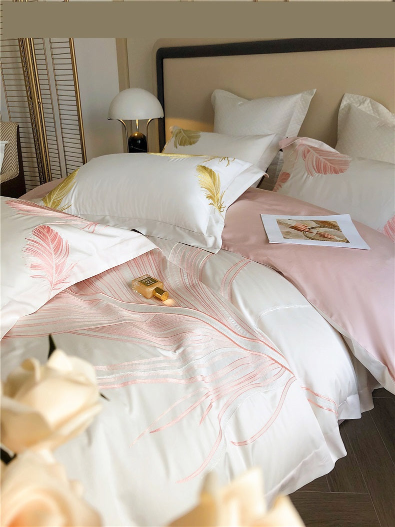 Light luxury style feather pattern embroidery long staple cotton 4Pcs bed sheet set Gold/Pink