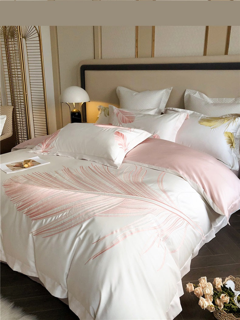 Light luxury style feather pattern embroidery long staple cotton 4Pcs bed sheet set Gold/Pink