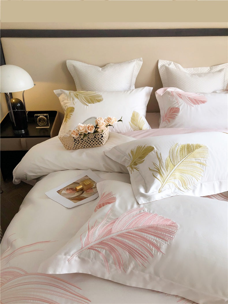 Light luxury style feather pattern embroidery long staple cotton 4Pcs bed sheet set Gold/Pink